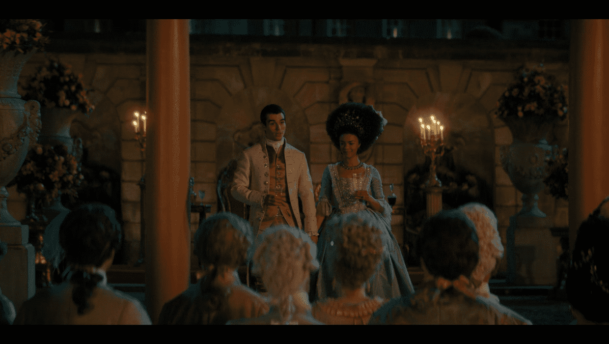 Still from Season Finale of 'Queen Charlotte: A Bridgerton Story' starring Queen Charlotte and King George (Netflix)