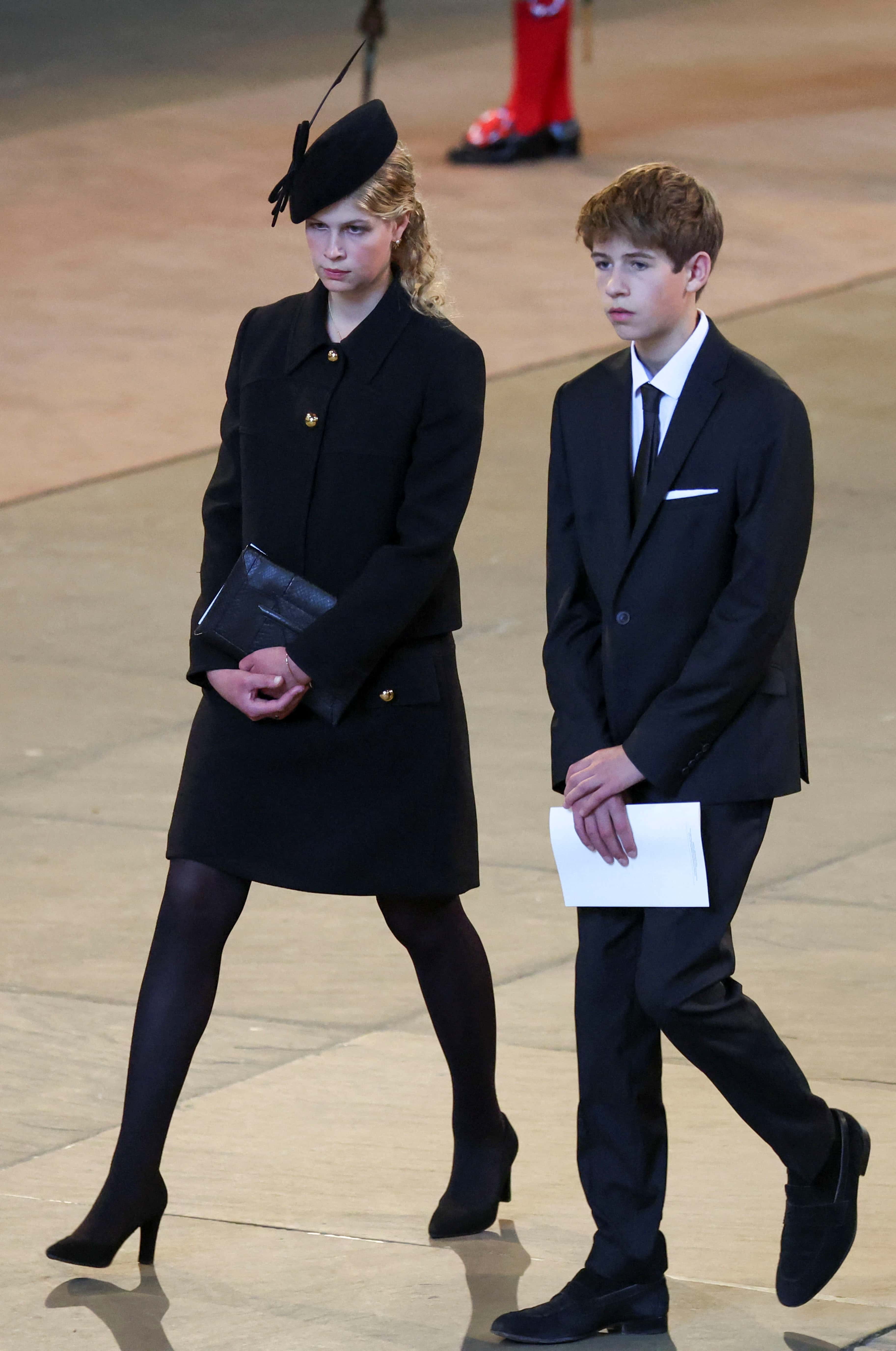 James, Viscount Severn and Lady Louise Windsor walk as procession with the coffin of Britain's Queen Elizabeth arrives at Westminster Hall from Buckingham Palace for her lying in state on September 14, 2022 in London, United Kingdom. Queen Elizabeth II's coffin is taken in procession on a Gun Carriage of The King's Troop Royal Horse Artillery from Buckingham Palace to Westminster Hall where she will lay in state until the early morning of her funeral. Queen Elizabeth II died at Balmoral Castle in Scotland on September 8, 2022, and is succeeded by her eldest son, King Charles III.