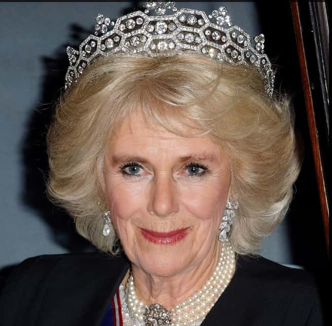 Camilla sports the Greville tiara, named after the Hon Mrs Greville for whom it was made in the 1920s. (Photo via AFP/Getty Images)