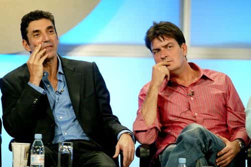 Executive Producer Chuck Lorre (L) and actor Charlie Sheen attend the panel discussion for 
