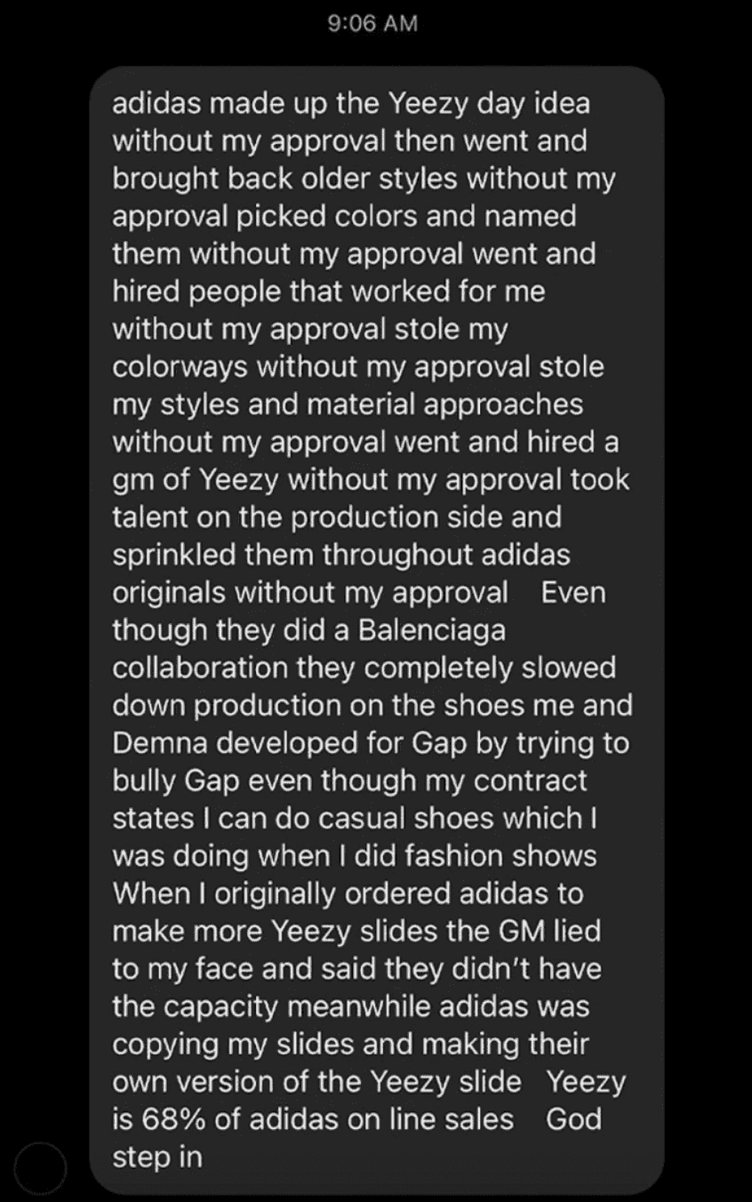 Kanye West exposes Adidas in a direct message explaining how they ruined Yeezy Day. (Photo: Complex's Instagram DM)