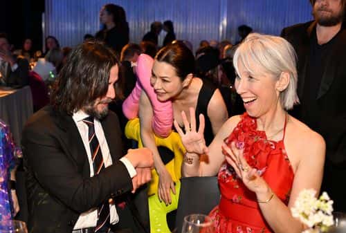 (L-R) Keanu Reeves, China Chow and Alexandra Grant attend MOCA Gala 2023 at The Geffen Contemporary at MOCA on April 15, 2023 in Los Angeles, California. (Photo by John Sciulli/Getty Images for The Museum of Contemporary Art
