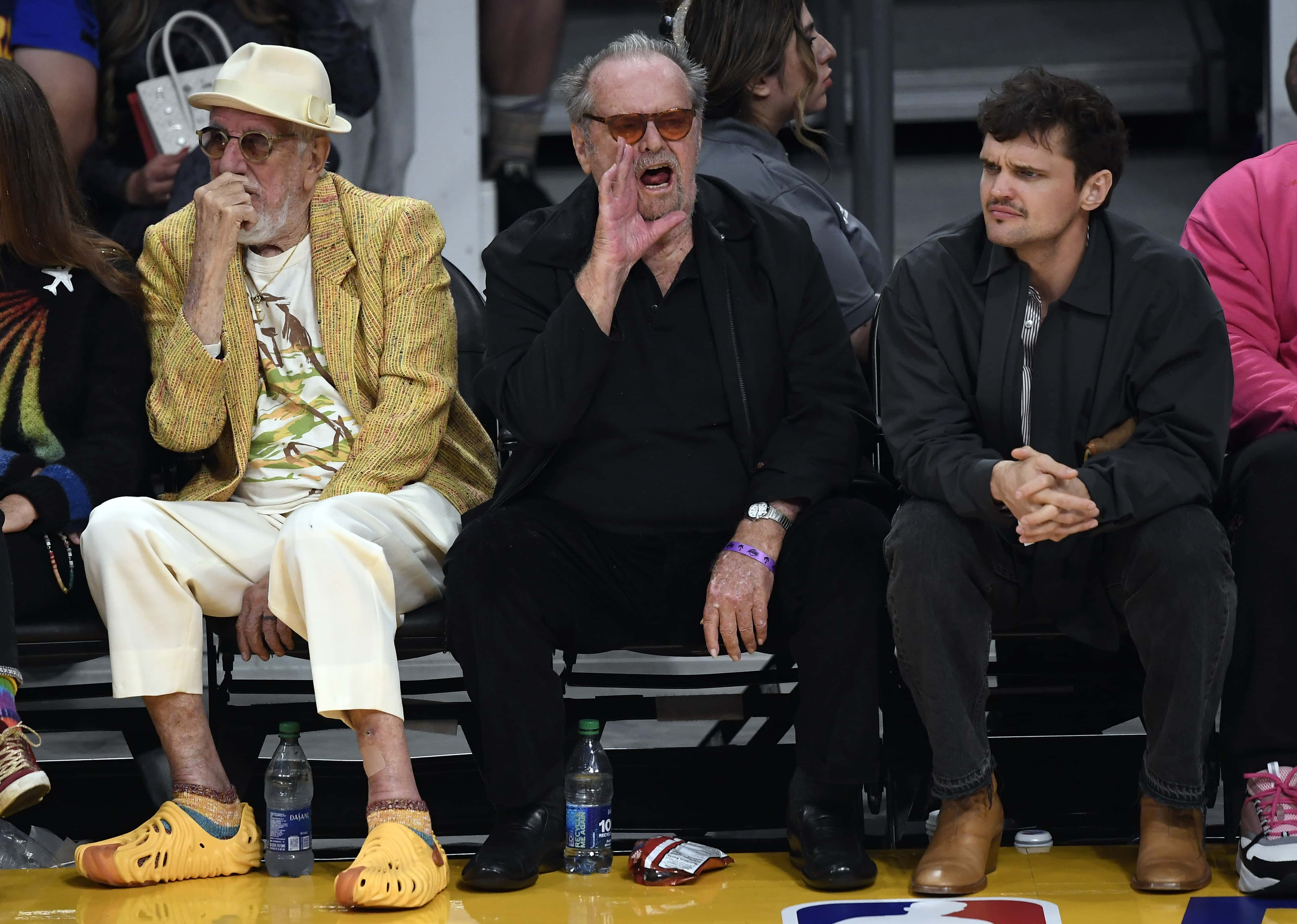 Jack Nicholson and his son Ray Nicholson react as they attend the Western Conference Semifinal Playoff game between the Los Angeles Lakers and Golden State Warriors at Crypto.com Arena on May 12, 2023, in Los Angeles, California. (Photo by Kevork Djansezian/Getty Images)