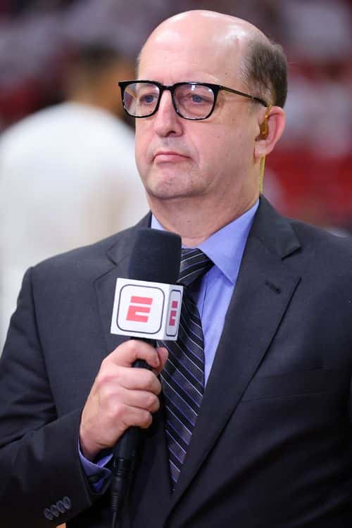 ESPN Analyst Jeff Van Gundy looks  on prior to Game Two of the 2022 NBA Playoffs Eastern Conference Finals between the Miami Heat and the Boston Celtics at FTX Arena on May 19, 2022 in Miami, Florida. NOTE TO USER: User expressly acknowledges and agrees that, by downloading and or using this photograph, User is consenting to the terms and conditions of the Getty Images License Agreement.