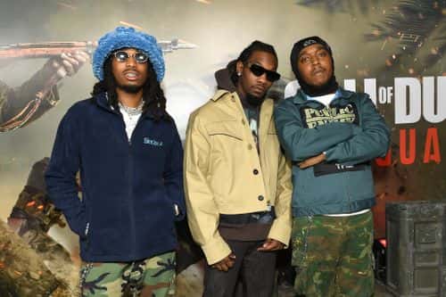 (L-R) Quavo, Offset and Takeoff of Migos attend Call of Duty: Vanguard launch event with a first-ever verzuz concert at The Belasco on November 03, 2021 in Los Angeles, California.
