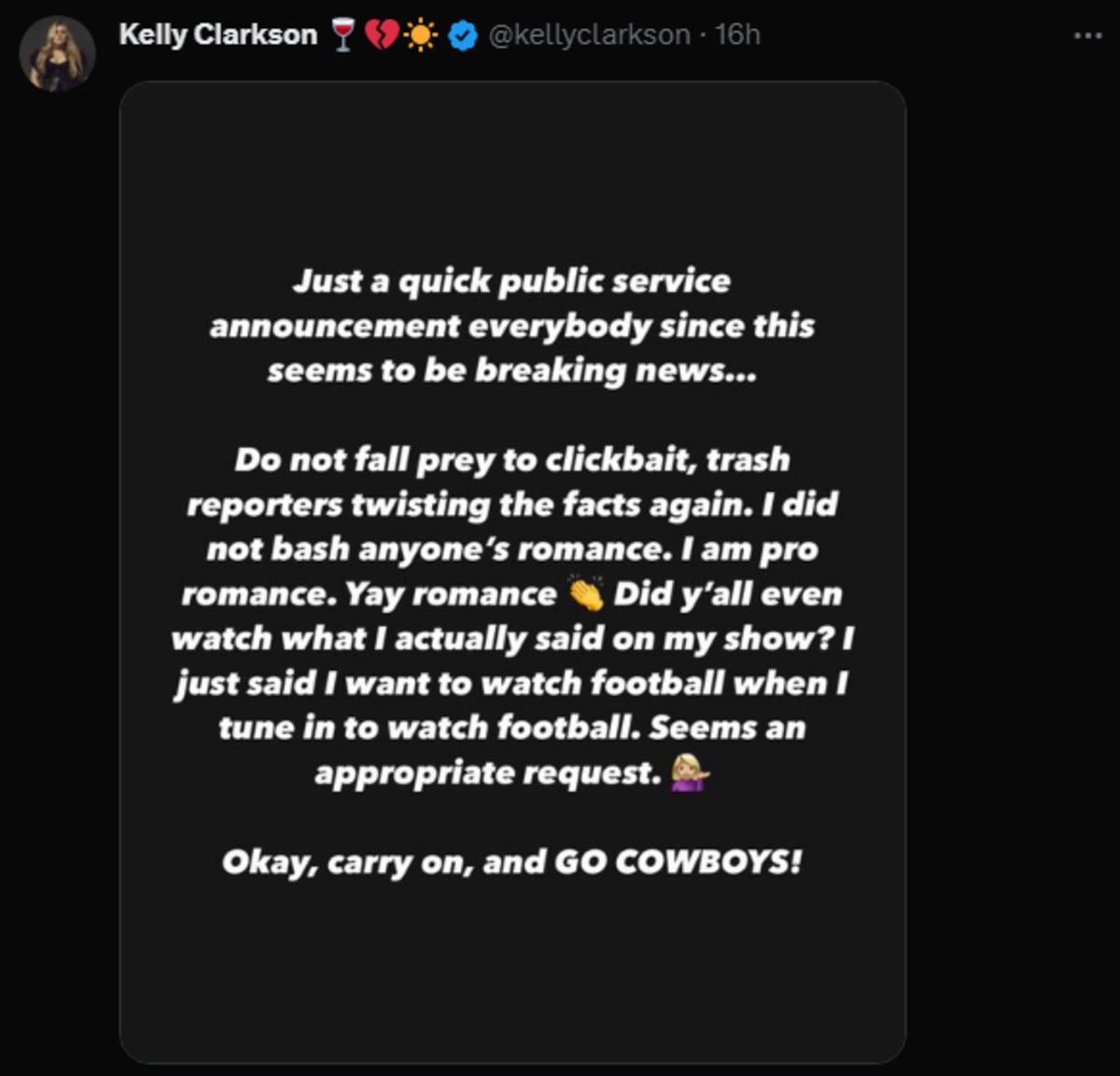 Kelly Clarkson clarified her comment on Taylor Swift and Travis Kelce romance (@Kelly Clarkson/X)