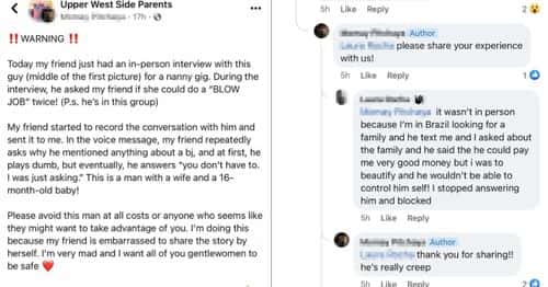 The post shared by Dawan's friend and the comment made by the Brazilian woman. (Facebook/Upper West Side Parents)