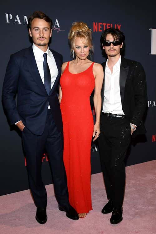 (L-R) Brandon Thomas Lee, Pamela Anderson and Dylan Jagger Lee attend the premiere of Netflix's