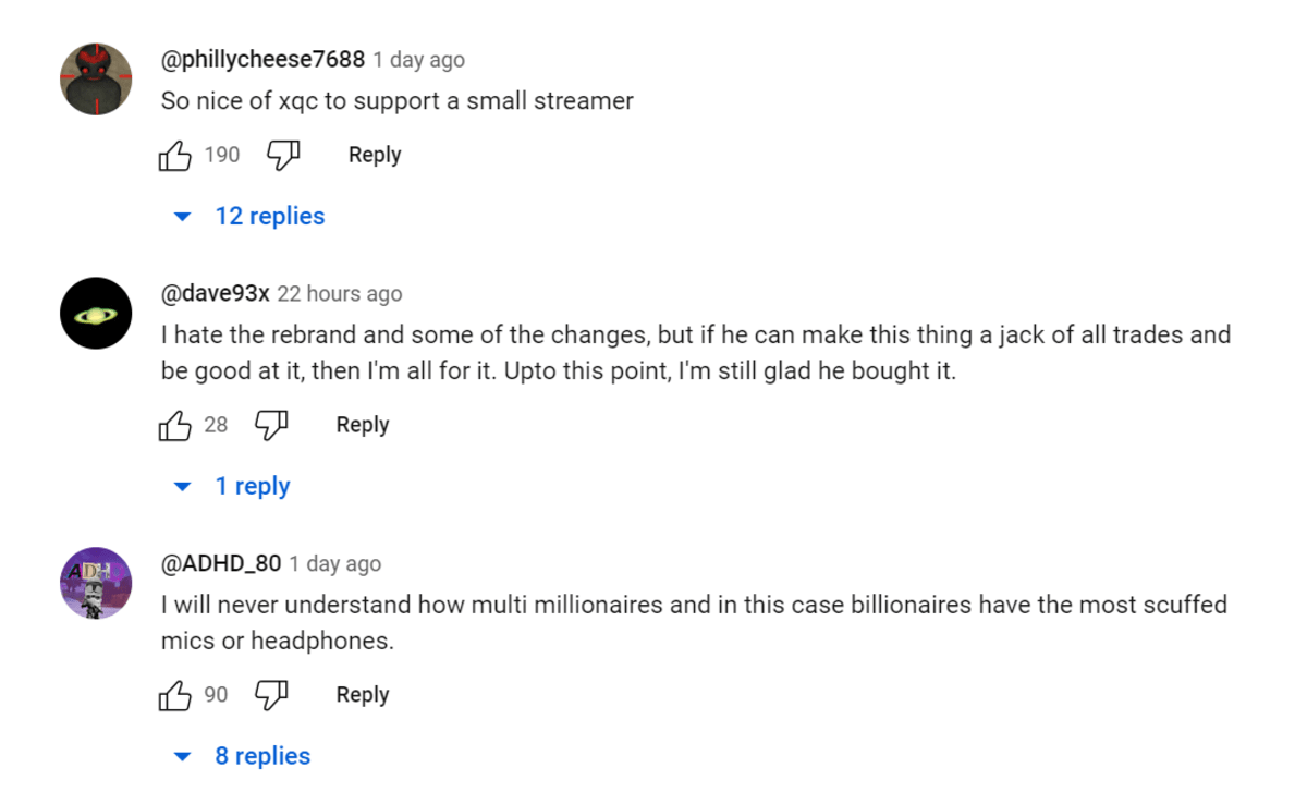 A screenshot of some comments on the video (xqc clips/Youtube)