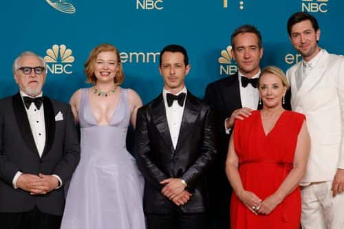 (L-R) Brian Cox, Sarah Snook, Jeremy Strong, Matthew Macfadyen, J. Smith-Cameron, and Nicholas Braun, winners of Outstanding Drama Series for 