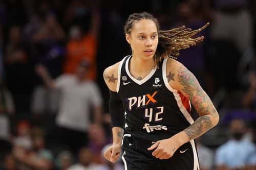 Brittney Griner #42 of the Phoenix Mercury during the first half in Game Four of the 2021 WNBA semifinals at Footprint Center on October 06, 2021 in Phoenix, Arizona. NOTE TO USER: User expressly acknowledges and agrees that, by downloading and or using this photograph, User is consenting to the terms and conditions of the Getty Images License Agreement. (Photo by Christian Petersen/Getty Images)