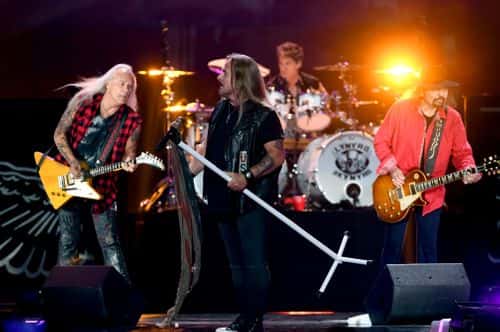 (EDITORIAL USE ONLY; NO COMMERCIAL USE)  (L-R) Rickey Medlocke, Johnny Van Zant, Michael Cartellone, and Gary Rossington of Lynyrd Skynyrd perform onstage during the 2018 iHeartRadio Music Festival at T-Mobile Arena on September 22, 2018 in Las Vegas, Nevada.