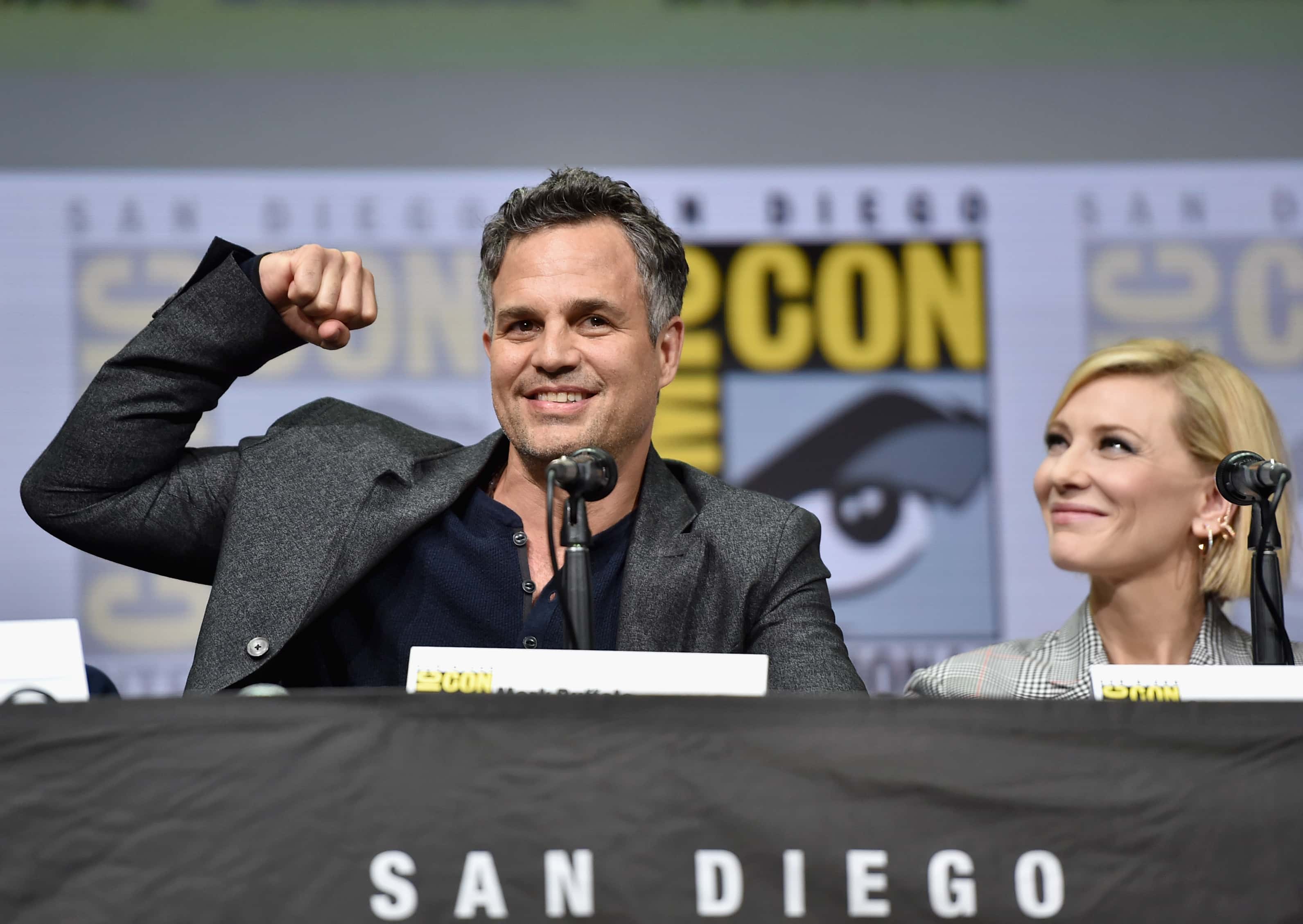 Actor Mark Ruffalo (L) and Cate Blanchett from Marvel Studios Thor: Ragnarok' at the San Diego Comic-Con International 2017 Marvel Studios Panel in Hall H on July 22, 2017 in San Diego, California.
