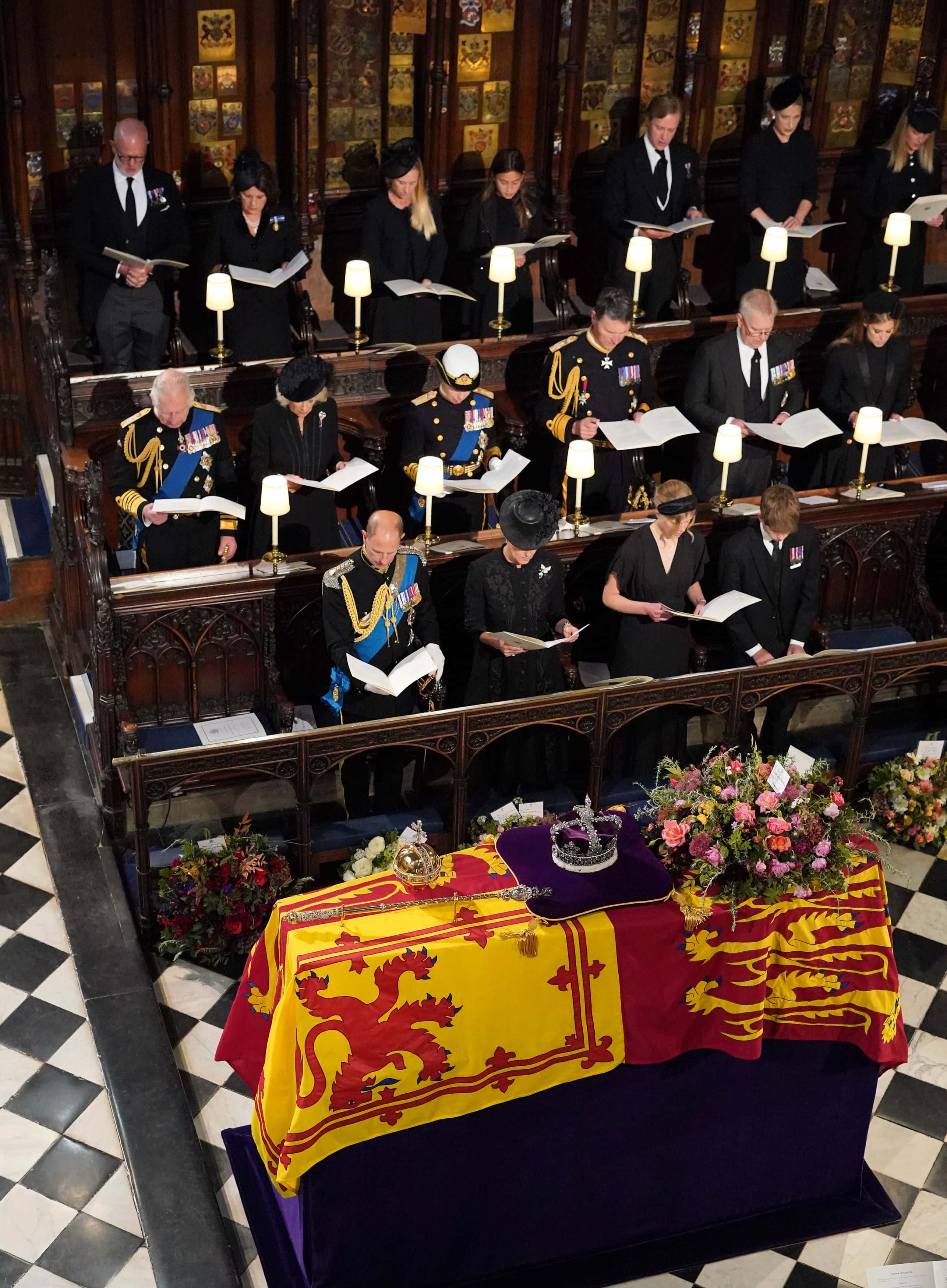 (Back row left to right) The Earl of St Andrews, the Countess of St Andrews, Lady Davina Windsor, Senna Kowhai, Thomas Kingston, Lady Gabriella Kingston and Lady Rose Gilman, (middle row left to right) King Charles III, Camilla, Queen Consort, Princess Anne, Princess Royal, Vice Admiral Sir Tim Laurence, Prince Andrew, Duke of York and Princess Beatrice, (front row left to right) Prince Edward, Earl of Wessex, Sophie, Countess of Wessex, Lady Louise Windsor and Viscount Severn at the Committal Service for Queen Elizabeth II held at St George's Chapel in Windsor Castle on September 19, 2022 in Windsor, England. The committal service at St George's Chapel, Windsor Castle, took place following the state funeral at Westminster Abbey. A private burial in The King George VI Memorial Chapel followed. Queen Elizabeth II died at Balmoral Castle in Scotland on September 8, 2022, and is succeeded by her eldest son, King Charles III.