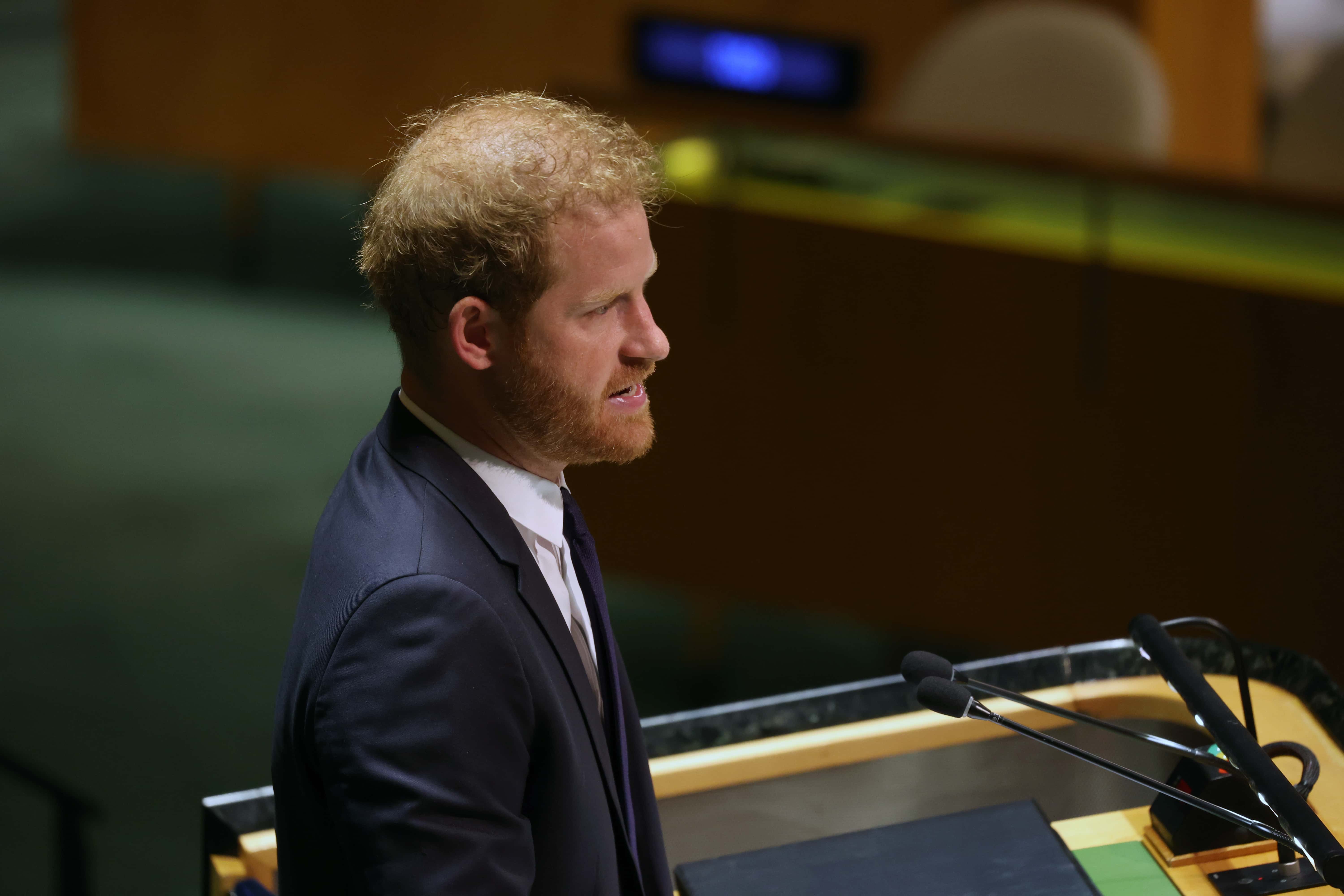Prince Harry addresses the United Nations (UN) general assembly during the UN's annual celebration of Nelson Mandela International Day on July 18, 2022 in New York City. The Prince, the keynote speaker, spoke about the legacy and inspiration of the South African anti-apartheid leader who spent 27 years in a remote South African prison before becoming the president and first black leader of the country. The 37-year-old Duke of Sussex attended the event with his wife Meghan Markle. (Photo by Spencer Platt/Getty Images)