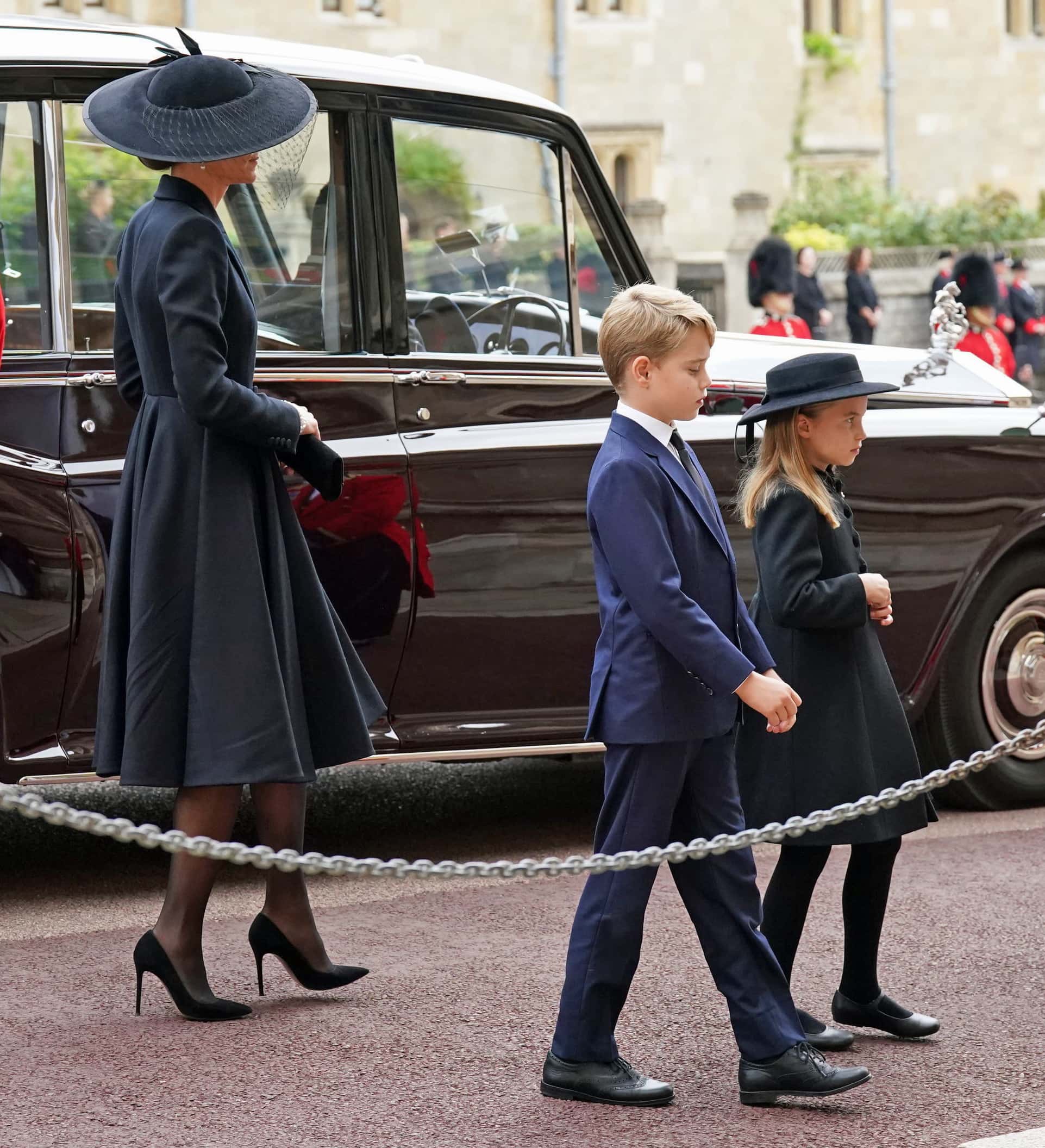 The Princess of Wales, Prince George and Princess Charlotte arrive at the Committal Service for Queen Elizabeth II held at St George's Chapel in Windsor Castle on September 19, 2022 in Windsor, England. The committal service at St George's Chapel, Windsor Castle, took place following the state funeral at Westminster Abbey. A private burial in The King George VI Memorial Chapel followed. Queen Elizabeth II died at Balmoral Castle in Scotland on September 8, 2022, and is succeeded by her eldest son, King Charles III.