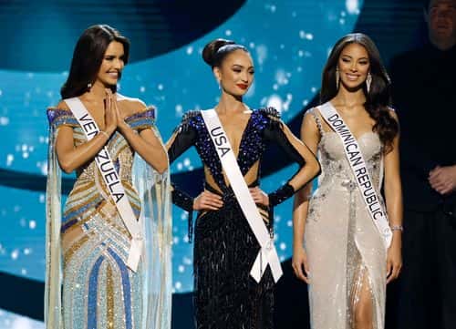Miss Venezuela Amanda Dudamel Miss USA R'bonney Gabriel and Miss Dominican Republic Andreína Martínez speak during The 71st Miss Universe Competition at New Orleans Morial Convention Center on January 14, 2023 in New Orleans, Louisiana.