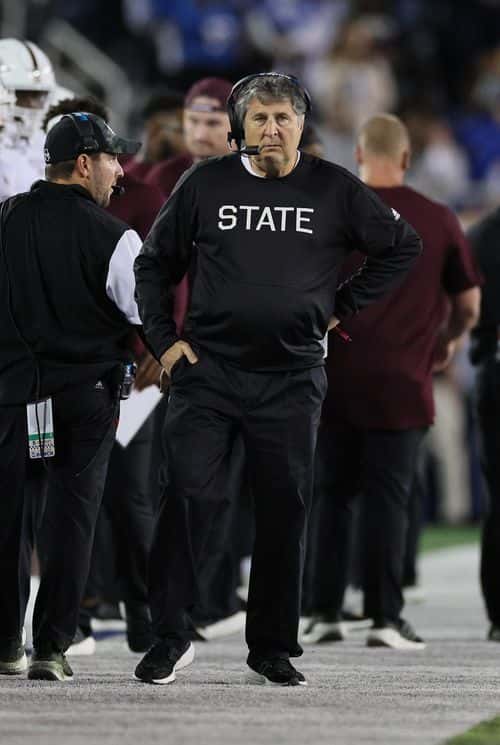 Mike Leach the head coach of the Mississippi State Bulldogs against the  Kentucky Wildcats at Kroger Field on October 15, 2022 in Lexington, Kentucky.
