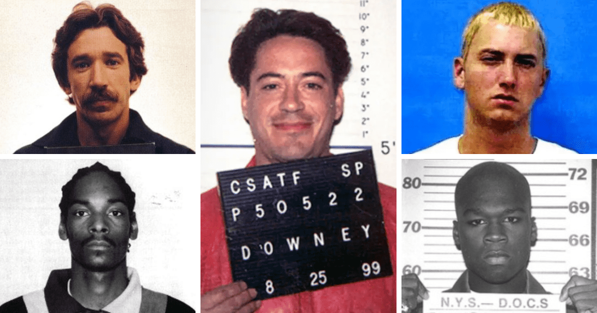 Clockwise from top left: Tim Allen, Robert Downey Jr, Eminem, 50 Cent and Snoop Dogg (credit: Police mugshots)