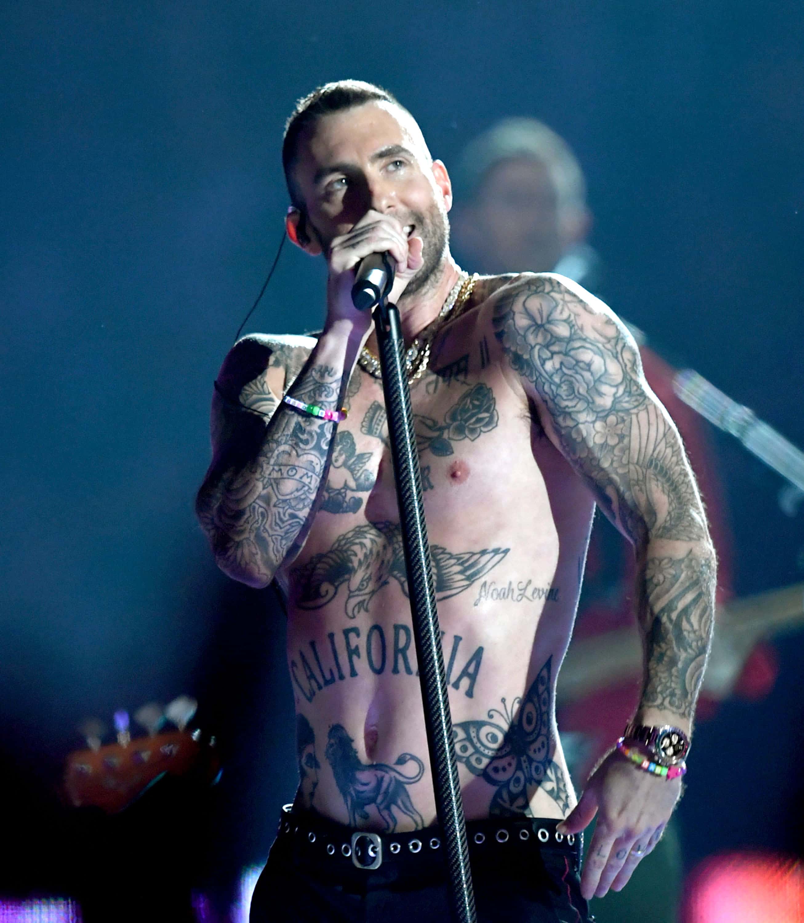 Adam Levine of Maroon 5 performs during the Pepsi Super Bowl LIII Halftime Show at Mercedes-Benz Stadium on February 03, 2019 in Atlanta, Georgia. (Photo by Kevin Winter/Getty Images)