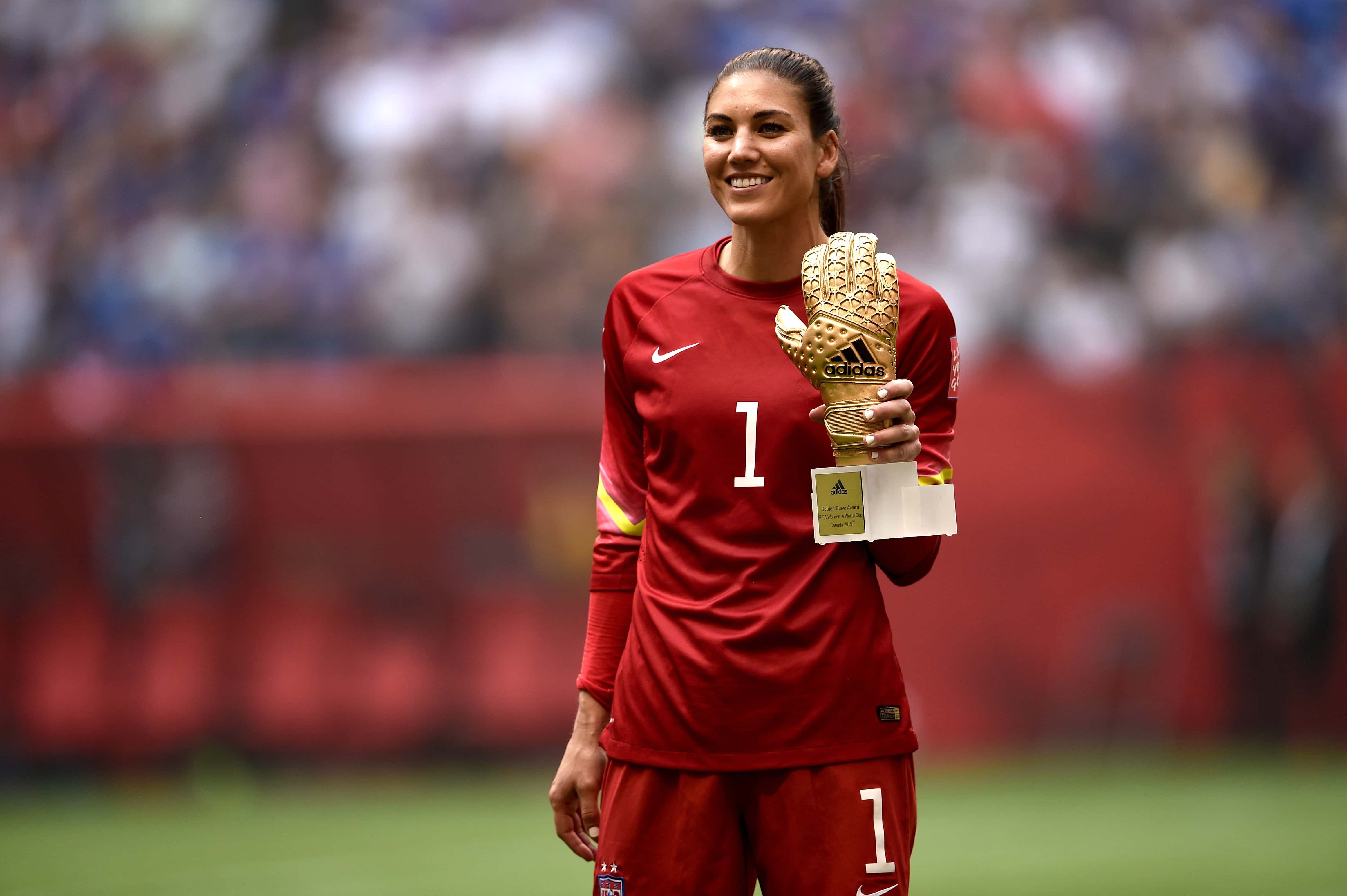 Gaolkeeper Hope Solo #1 of the United States poses after winning the Golden Glove in the FIFA Women's World Cup Canada 2015 Final at BC Place Stadium on July 5, 2015 in Vancouver, Canada.