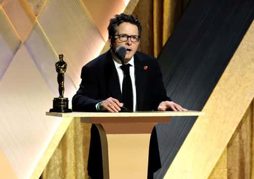Michael J. Fox accepts the Jean Hersholt Humanitarian Award during the Academy of Motion Picture Arts and Sciences 13th Governors Awards at Fairmont Century Plaza on November 19, 2022 in Los Angeles, California.