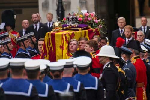 The coffin of Queen Elizabeth II is placed on a gun carriage ahead of the State Funeral of Queen Elizabeth II at Westminster Abbey on September 19, 2022 in London, England. Elizabeth Alexandra Mary Windsor was born in Bruton Street, Mayfair, London on 21 April 1926. She married Prince Philip in 1947 and ascended the throne of the United Kingdom and Commonwealth on 6 February 1952 after the death of her Father, King George VI. Queen Elizabeth II died at Balmoral Castle in Scotland on September 8, 2022, and is succeeded by her eldest son, King Charles III.