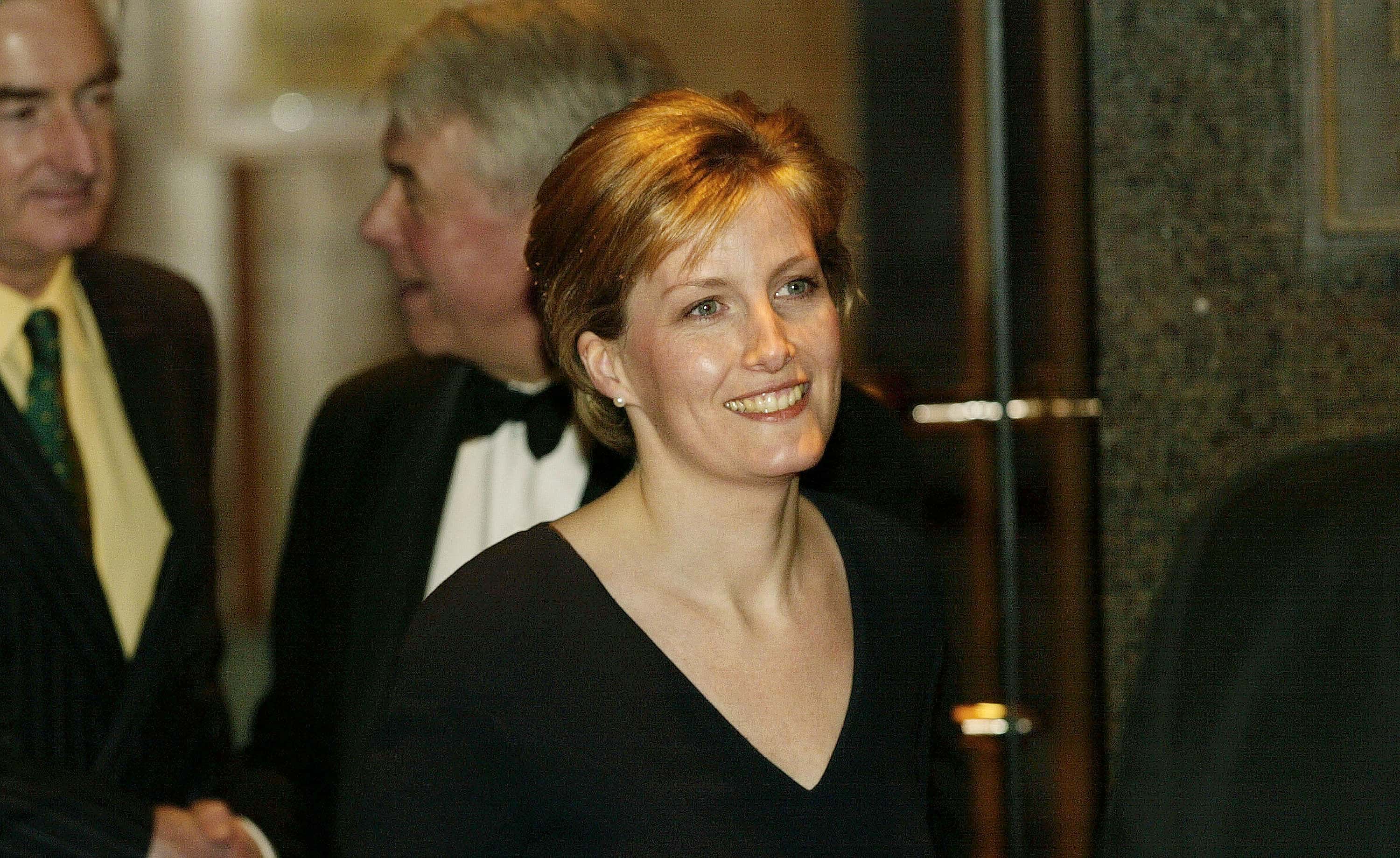 Sophie, The Countess of Wessex smiles as she arrives with her husband Prince Edward January 29 2002, at the Carlton Tower Hotel in London, to open the Duke of Edinburghs Awards Bridge Evening, an annual event to raise funds for the long standing community awards scheme sponsored by Prince Edwards father, the Duke of Edinburgh.
