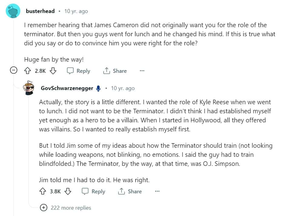 Arnold Schwarzenegger's post on Reddit (Reddit)