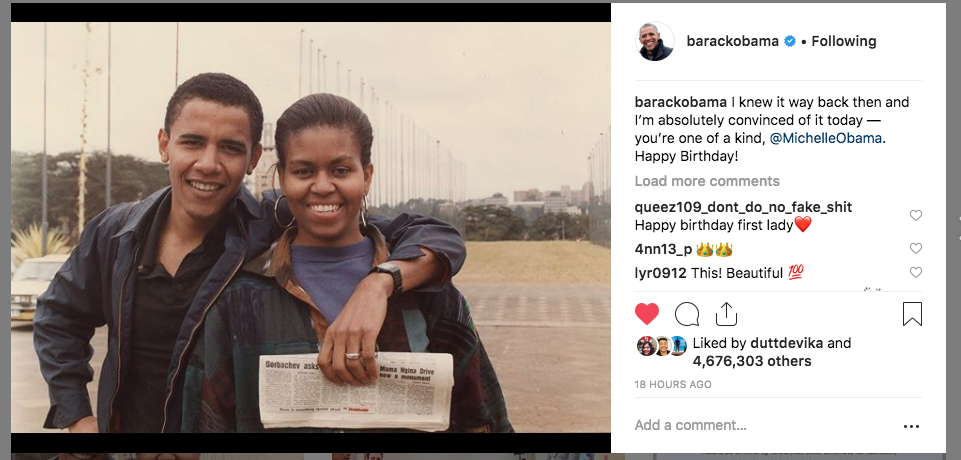 Screenshot of Barack Obama's post for Michelle Obama on Instagram.