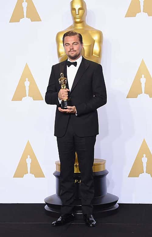 HOLLYWOOD, CA - FEBRUARY 28:  Actor Leonardo DiCaprio, winner of Best Actor for 'The Revenant,' poses in the press room during the 88th Annual Academy Awards at Loews Hollywood Hotel on February 28, 2016 in Hollywood, California. (Jason Merritt/Getty Images)