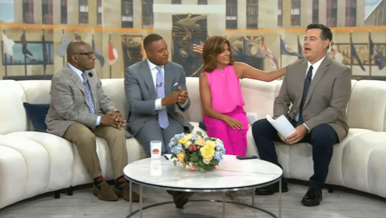 'Today' hosts Al Roker, Craig Melvin and Hoda Kotb laugh as Carson Daly takes takes a subtle dig at producers (NBC) 