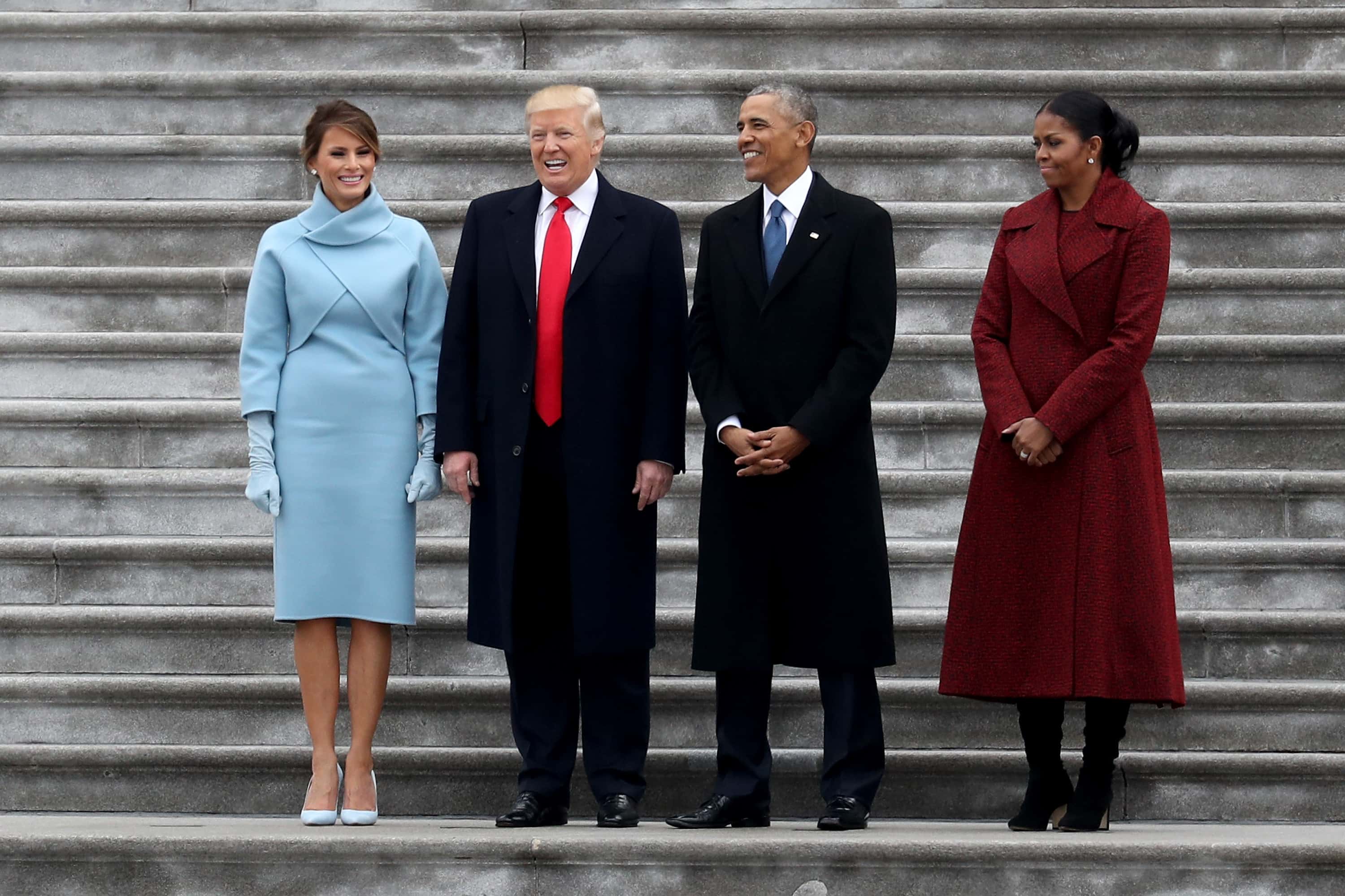WASHINGTON, DC - JANUARY 20: President Donald Trump and former president Barack Obama stand on the steps of the U.S. Capitol with First Lady Melania Trump and Michelle Obamal on January 20, 2017 in Washington, DC. In today's inauguration ceremony Donald J. Trump becomes the 45th president of the United States. (Photo by Rob Carr/Getty Images)