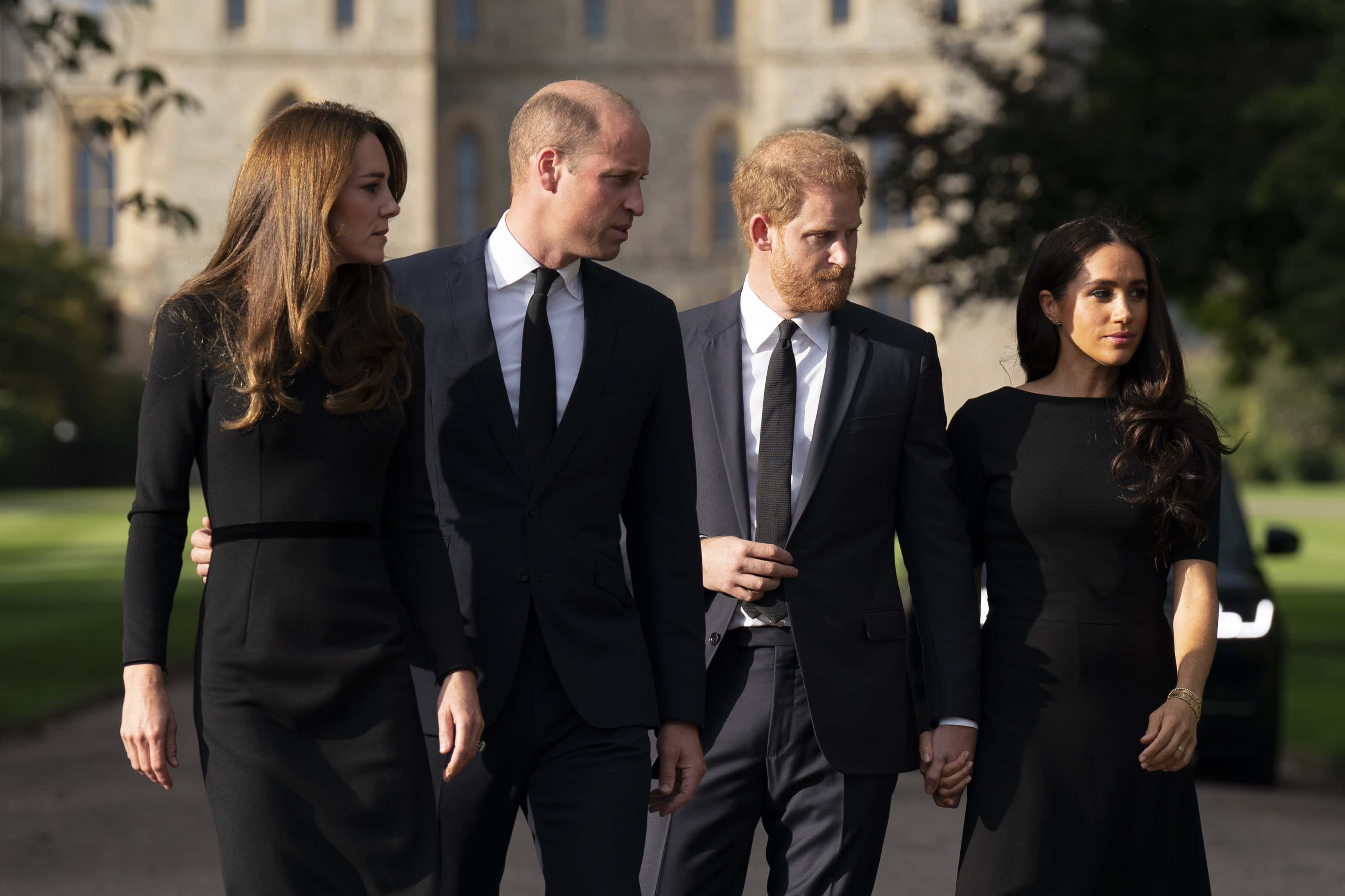 Catherine, Princess of Wales, Prince William, Prince of Wales, Prince Harry, Duke of Sussex, and Meghan, Duchess of Sussex on the long Walk at Windsor Castle on September 10, 2022 in Windsor, England. (Photo by Kirsty O'Connor - WPA Pool/Getty Images)