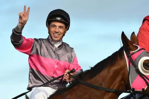 Jockey Dean Holland riding Inn Keeper after winning Race 8, the Midfield Group Wangoom Handicap, during the Warrnambool Jumps Carnival at Warrnambool Racing Club on May 05, 2021 in Warrnambool, Australia.