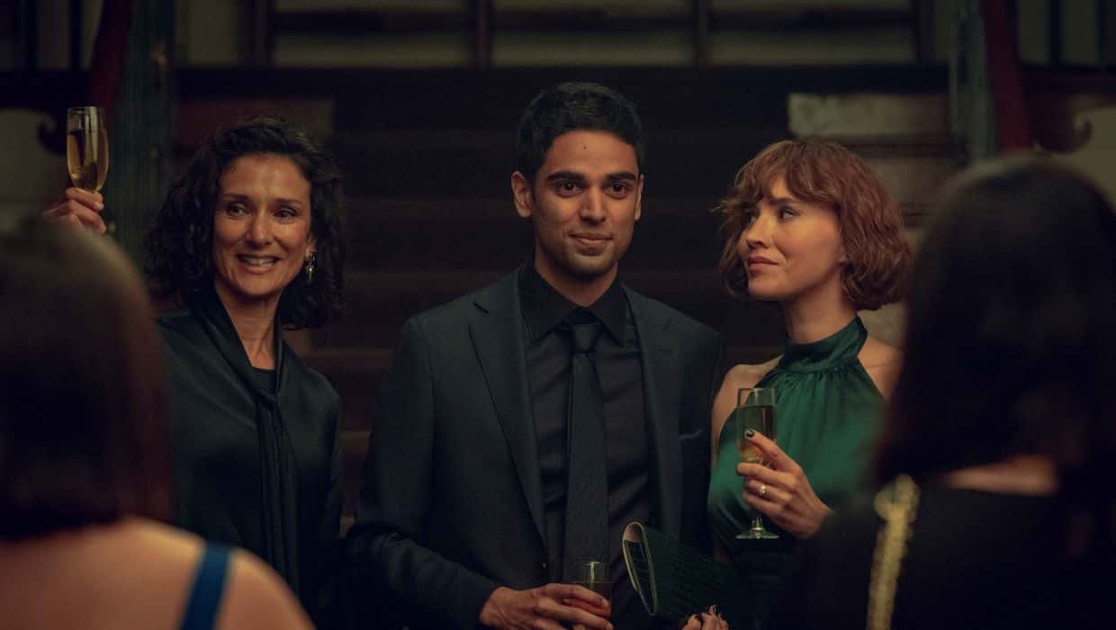 Indira Varma as Ingrid, Rish Shah as Jay Farrow and Charlie Murphy as Anna Barton in 'Obsession' (Netflix)