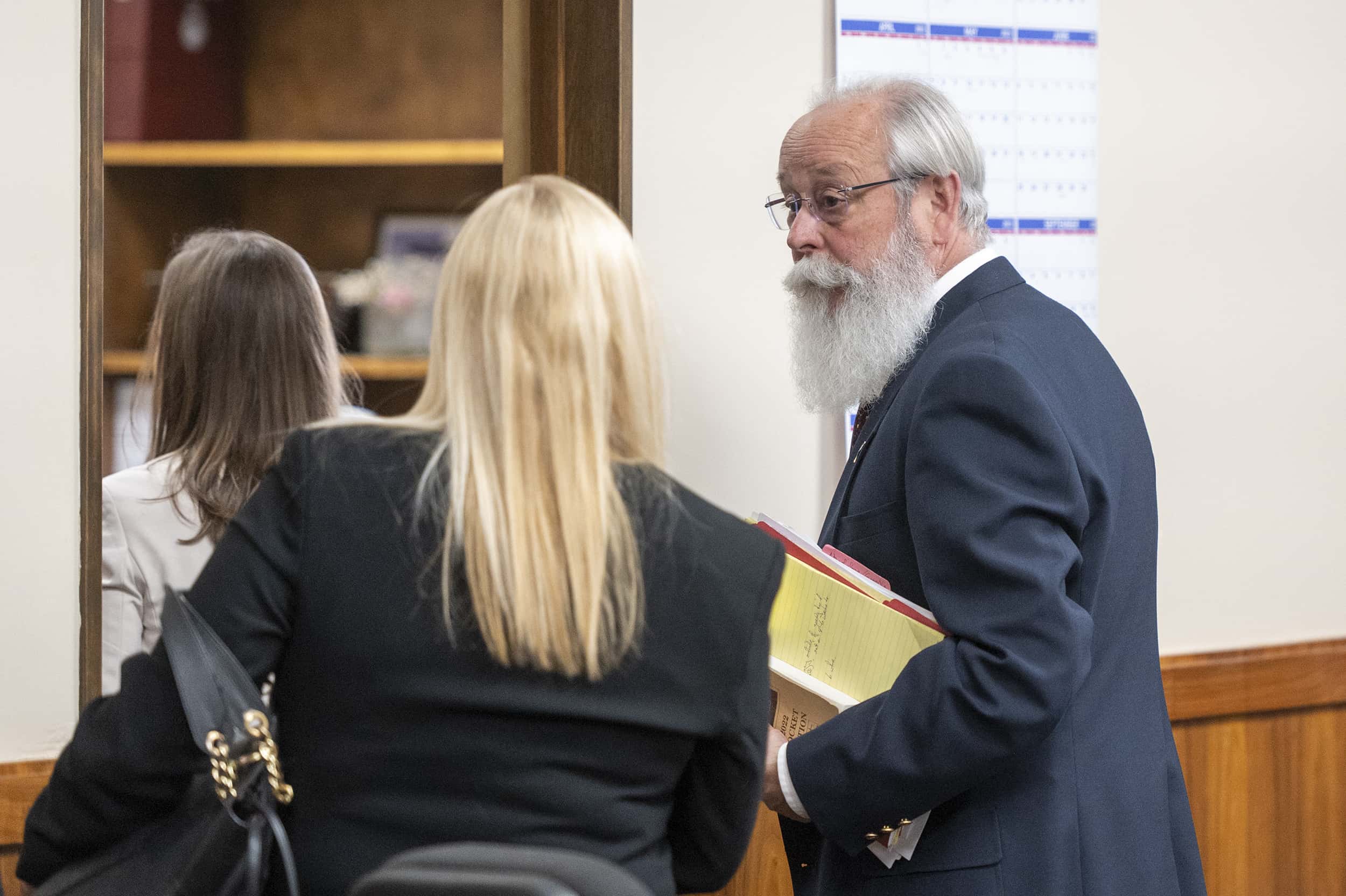 MOSCOW, IDAHO - MAY 22: Latah County Prosecutor Bill Thompson speaks with public defender Anne Taylor during an arraignment hearing for Bryan Kohberger, who is accused of killing four University of Idaho students in November 2022, in Latah County District Court, May 22, 2023 in Moscow, Idaho. (Photo by Zach Wilkinson-Pool/Getty Images)
