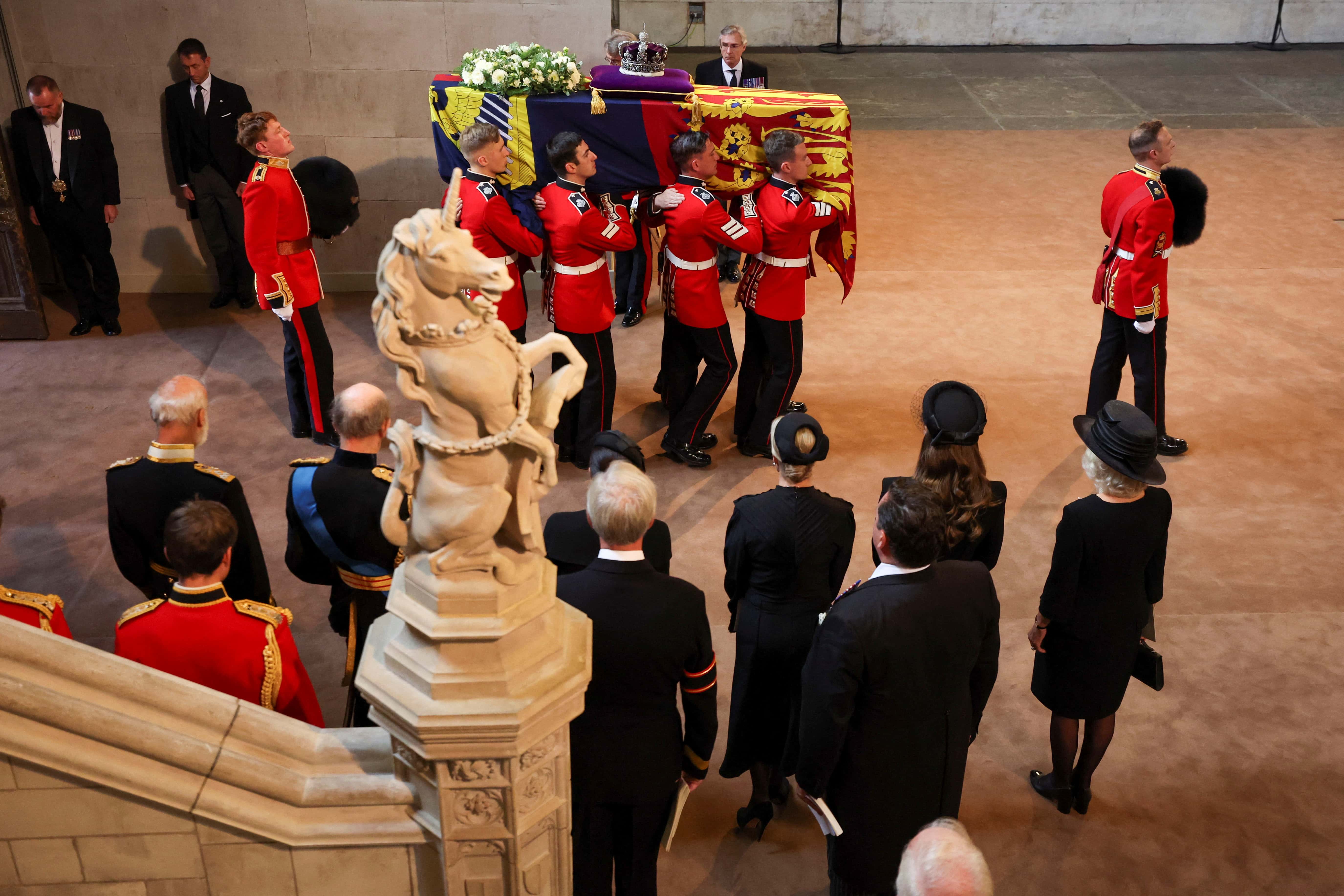 Procession with the coffin of Queen Elizabeth II arrives at Westminster Hall from Buckingham Palace for her lying in state, on September 14, 2022 in London, United Kingdom. Queen Elizabeth II's coffin is taken in procession on a Gun Carriage of The King's Troop Royal Horse Artillery from Buckingham Palace to Westminster Hall where she will lay in state until the early morning of her funeral. Queen Elizabeth II died at Balmoral Castle in Scotland on September 8, 2022, and is succeeded by her eldest son, King Charles III.