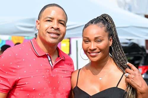 BNC “Start Your Day” Host Mike Hill and Cynthia Bailey attend the Juneteenth 'Celebration of Truth' Community Festival hosted by Black News Channel in Atlanta's Historic Castleberry Hill neighborhood on June 18, 2021 in Atlanta, Georgia.