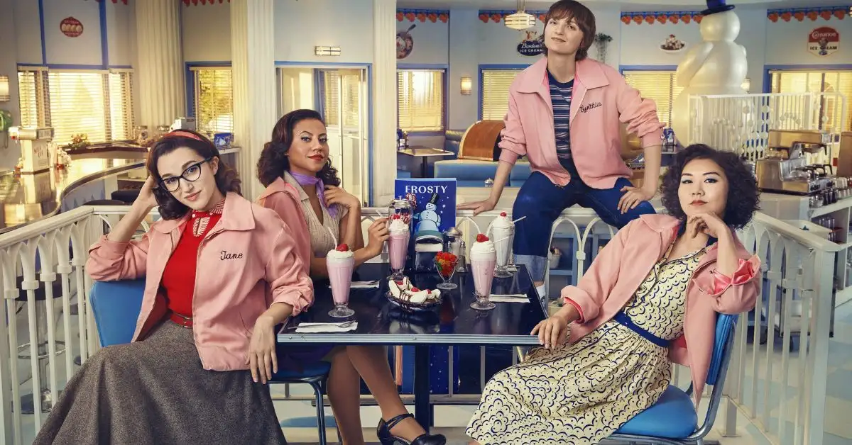 Marisa Davila, Ari Notartomaso, Cheyenne Isabel Wells, and Tricia Fukuhara in ‘Grease: Rise of the Pink Ladies’ (Paramount+)