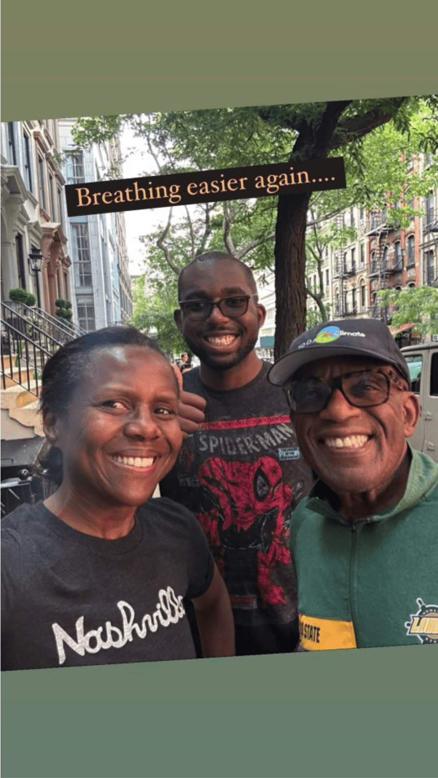 Deborah Roberts with son and husband, Al Roker all smiles after completing her run (Instagram/@debrobertsabc)