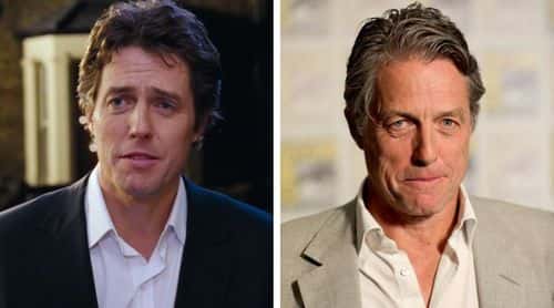 Hugh Grant in ‘Love Actually’ 2003 (IMDb) and the actor at a red carpet at San Diego Comic-Con on July 21, 2022 in San Diego, California (Photo by Daniel Knighton/Getty Images for Paramount Pictures )