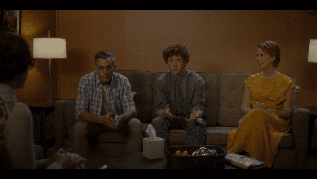 A still from 'And Just Like That' starring Cynthia Nixon as Miranda, David Eigenberg as Steve, and Niall Cunnginham as Brady (HBO)