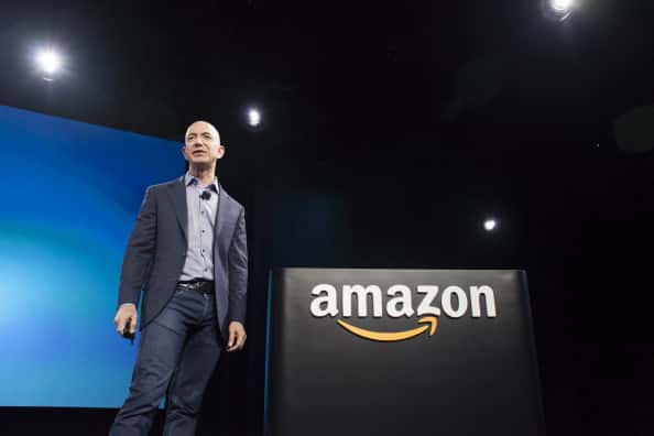SEATTLE, WA - JUNE 18: Amazon.com founder and CEO Jeff Bezos presents the company's first smartphone, the Fire Phone, on June 18, 2014 in Seattle, Washington. The much-anticipated device is available for pre-order today and is available exclusively with AT&T service.  (Photo by David Ryder/Getty Images)
