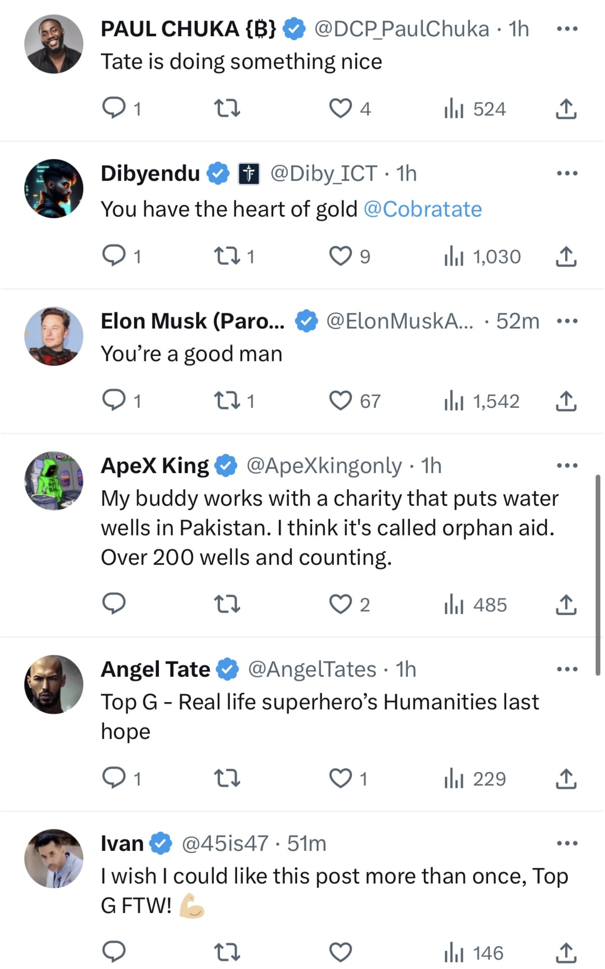 Comments on Top G's tweet (@cobratate/Twitter)