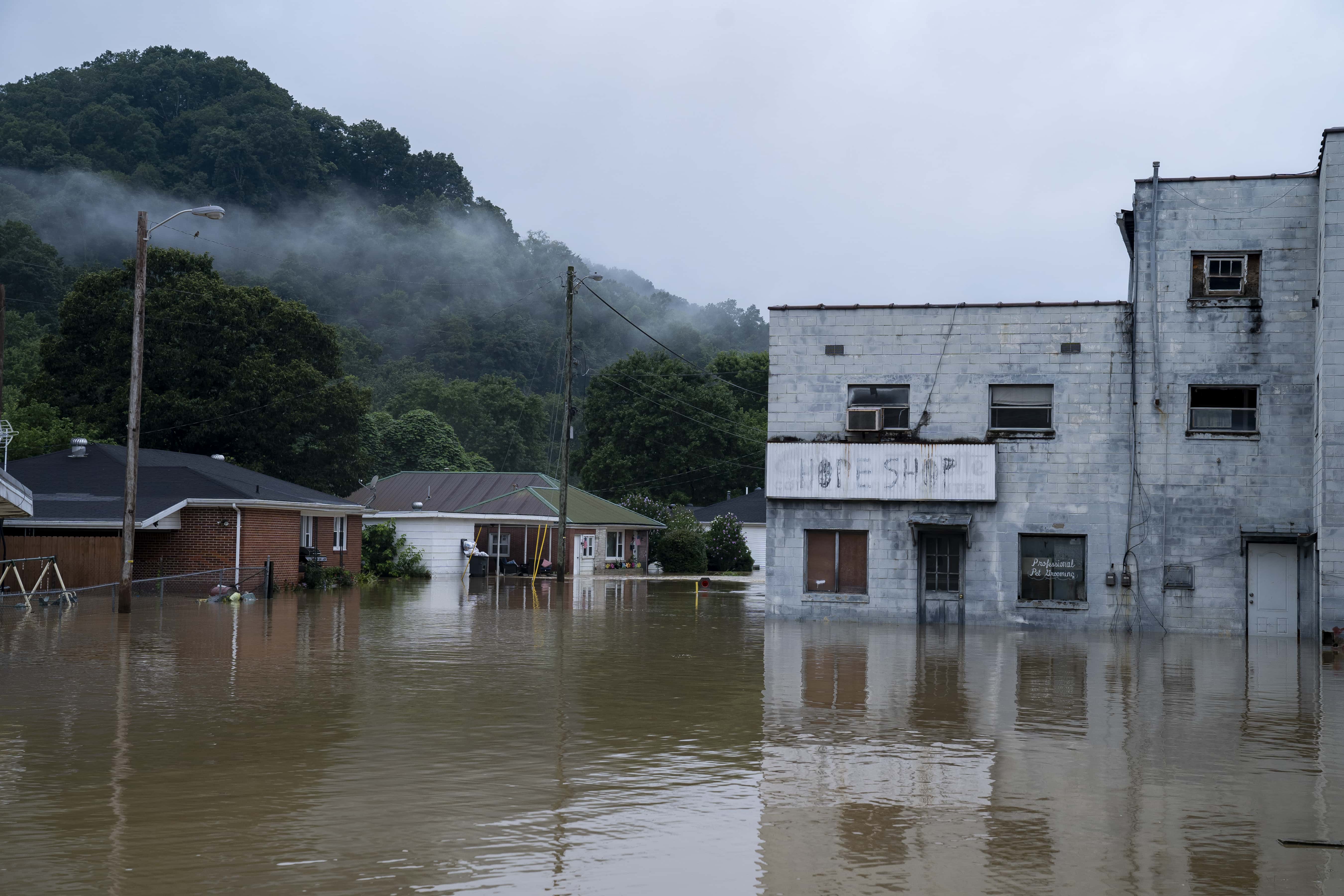 Flooding in downtown Jackson, Kentucky on July 29, 2022 in Breathitt County, Kentucky. At least 16 people have been killed and hundreds had to be rescued amid flooding from heavy rainfall.