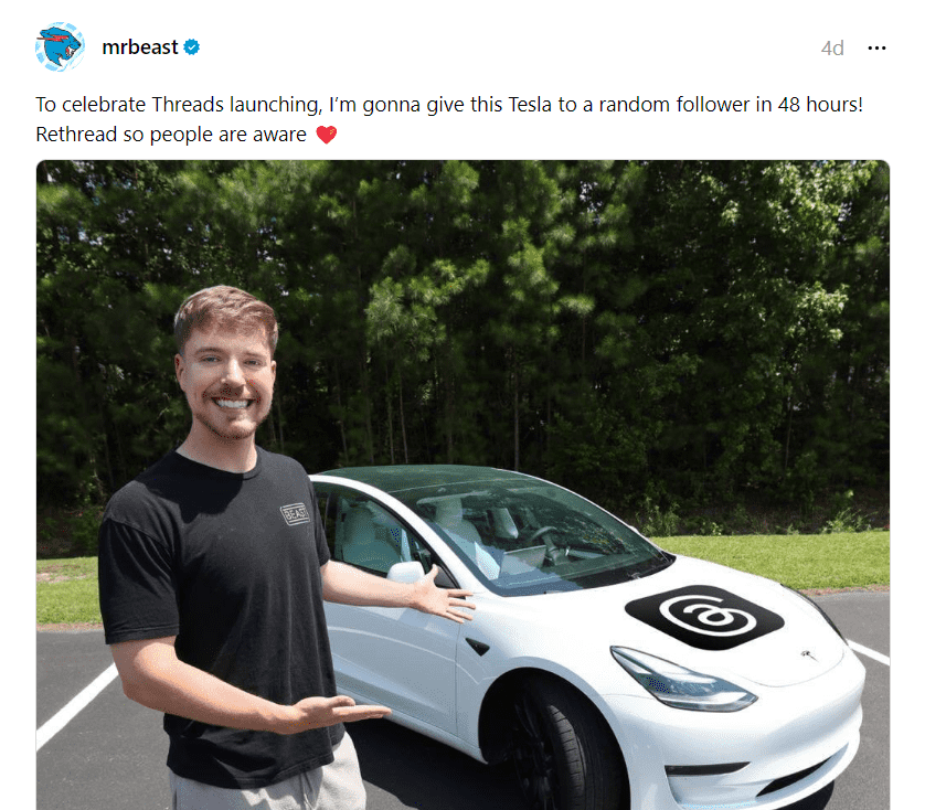 Giveaway post made by MrBeast (@mrbeast/Threads)