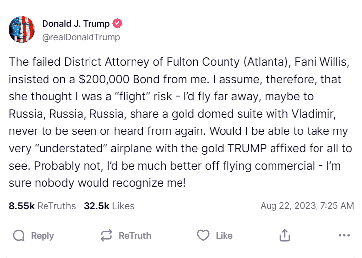 Donald Trump's truth social post addressing his recent charges that demanded a $200K bond from him (@realDonaldTrump/Truth Social)
