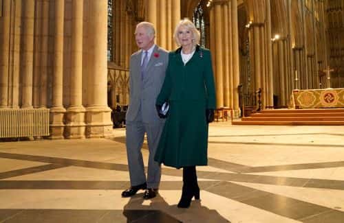 King Charles III of the United Kingdom and Camilla, Queen Consort of the United Kingdom attend a short service for the unveiling of a statue of Queen Elizabeth II at York Minster, and meet people from the Cathedral and the City of York, during an official visit to Yorkshire on November 9, 2022 in York, England. (Photo by Danny Lawson - WPA Pool/Getty Images)