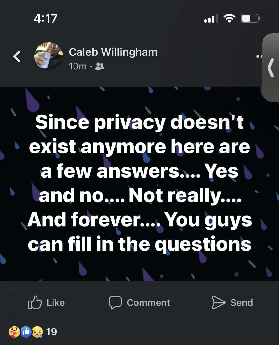 Caleb Willingham's cryptic message (Facebook)